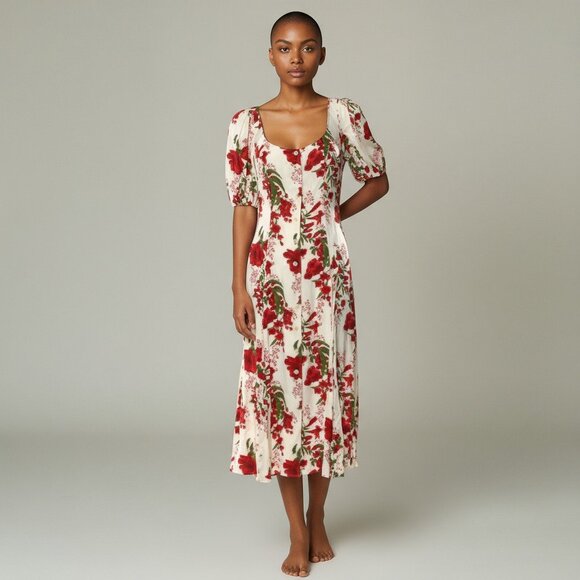 Reformation Beechwood Red Floral Puff Sleeve Button Midi Dress Romantic Boho - Picture 3 of 7